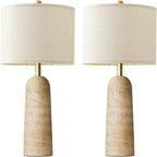 Bobomomo Modern Table Lamp Set Of 2, Warm Beige Resin Lamp With Natural Stone Look, 27.25" Lamps For Living Room With Linen Shades, Bedside Lamp For Bedroom, Living Room, Nightstand, Entryway