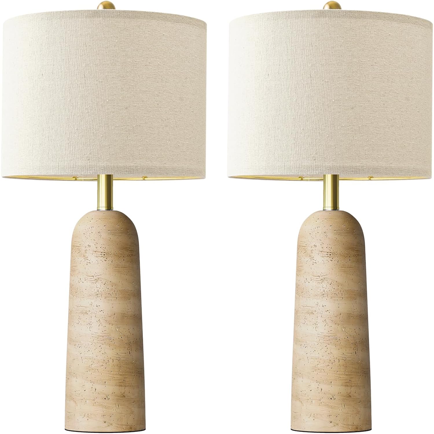 Bobomomo Modern Table Lamp Set Of 2, Warm Beige Resin Lamp With Natural Stone Look, 27.25" Lamps For Living Room With Linen Shades, Bedside Lamp For Bedroom, Living Room, Nightstand, Entryway