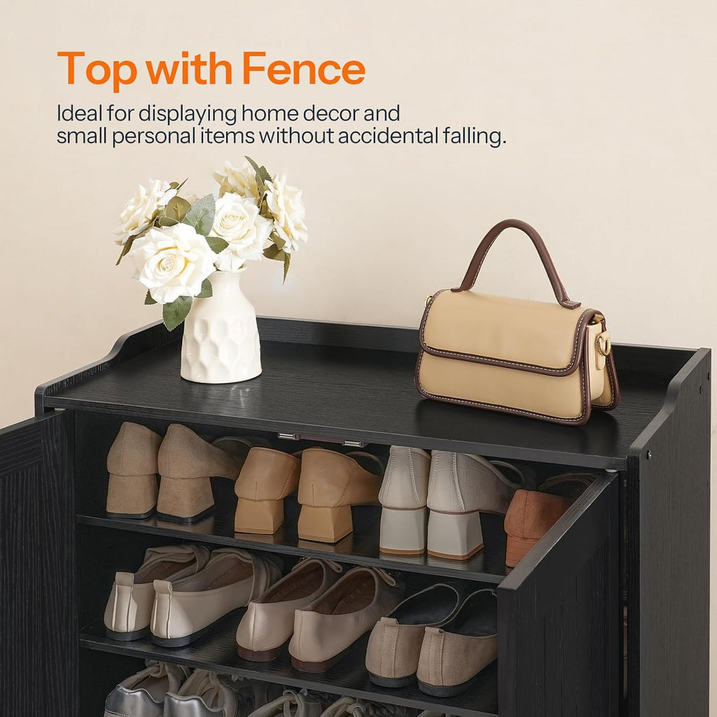 Hoobro Shoe Cabinet, 5-Tier Shoe Storage Organizer With Doors, Wooden Shoe Cabinet Storage For Entryway, Freestanding Shoe Rack Cabinet With 3 Adjustable Shelves For Hallway, Gold And Black Db41Sc01