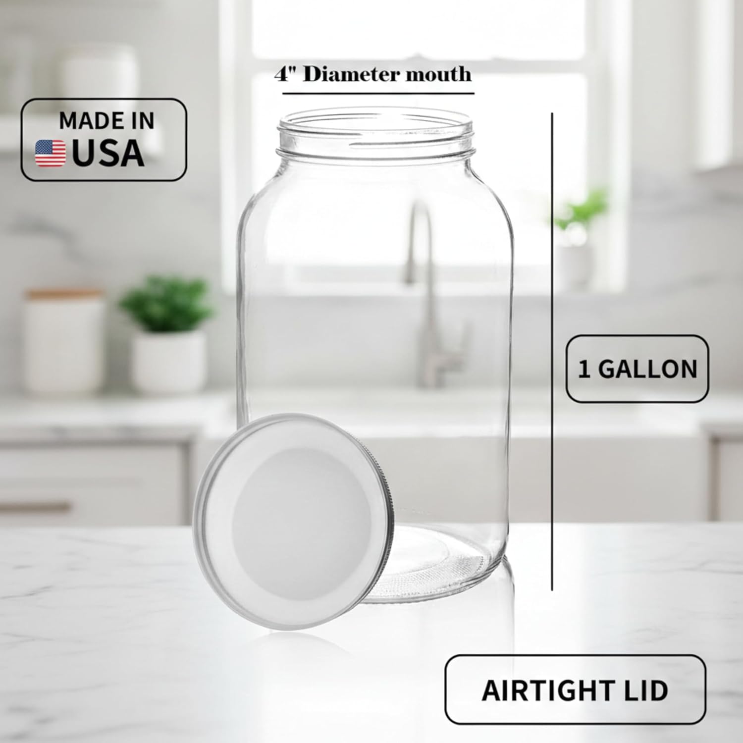 kitchentoolz Gallon Jar 1 Gallon Glass Jar with Lid – Gallon Mason Wide Mouth Large Glass Jar for Fermenting, Pickling, Canning, Fermentation Jar, Kombucha, and Food Storage – Made in USA