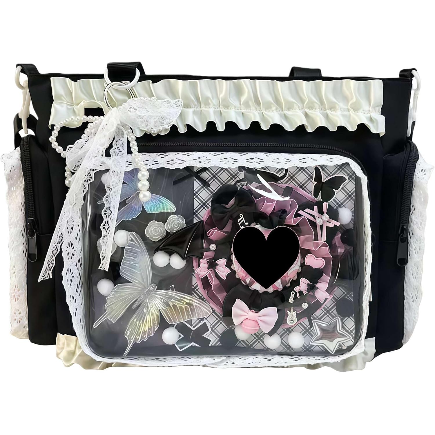 Ita Crossbody Tote Bag, Pin Display With Insert Large Messenger Bag, Cute Tote Bag With Zipper Ruffle, Japanese Aesthetic Y2K