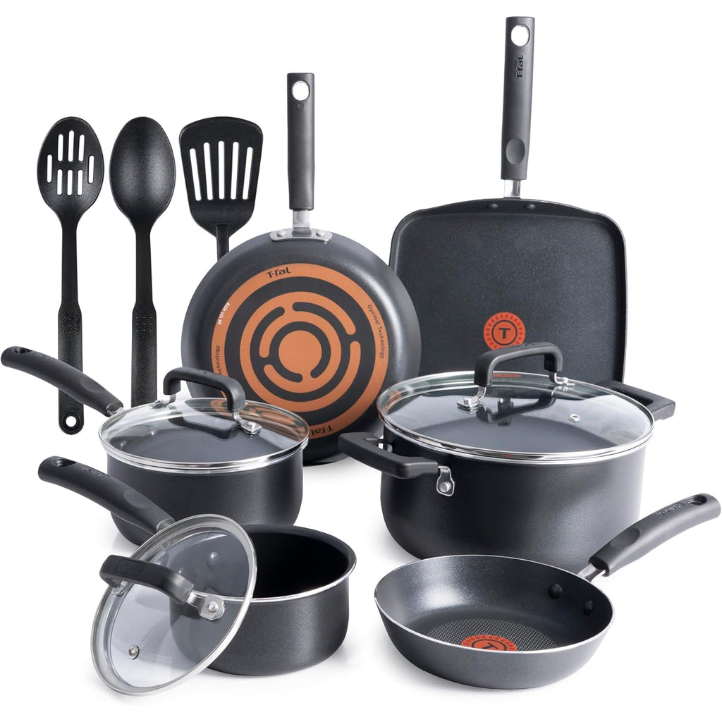 T-Fal Signature Nonstick Pots and Pans Set 12 Piece, Oven Broiler Safe 350F, Kitchen Cookware Set w/Fry Pans, Saucepans, Saute Pan, Dutch Oven, Griddle, Kitchen, Home, Dishwasher Safe, Black