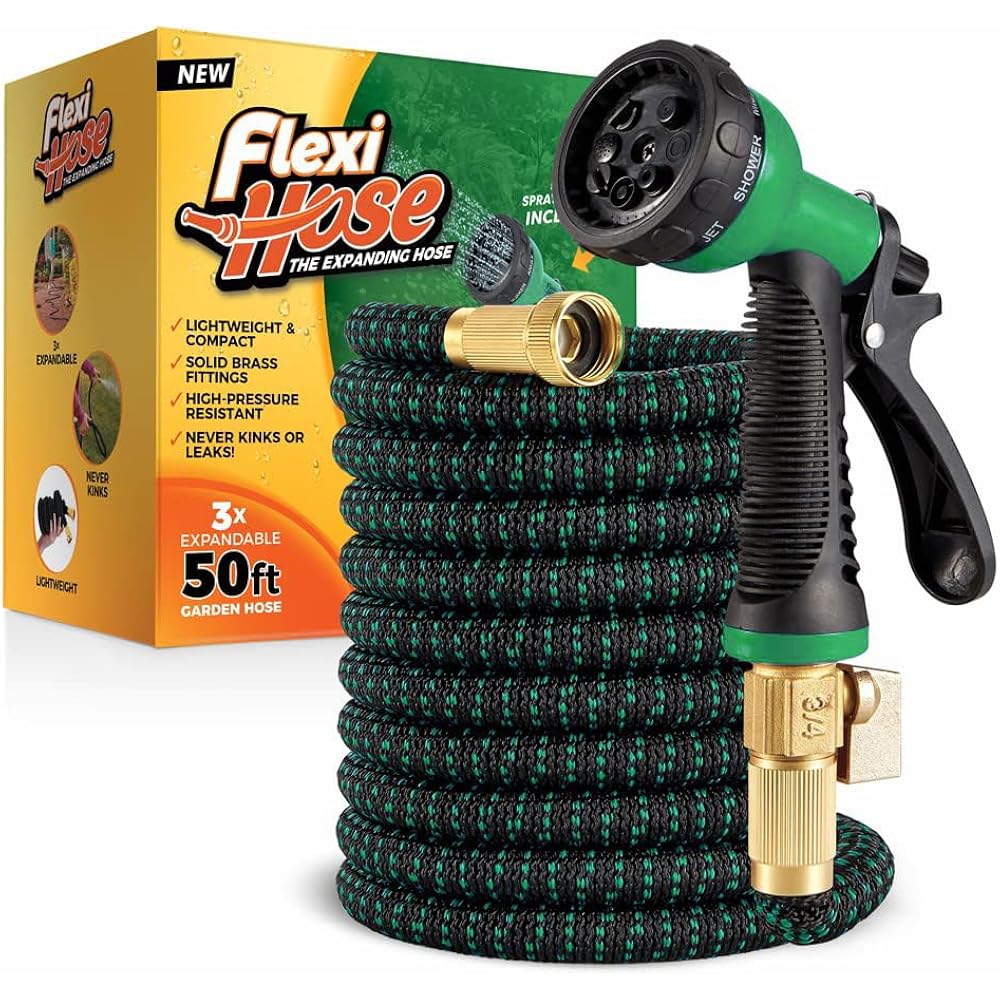 Flexi Hose With 8 Function Nozzle, 50Ft - Lightweight Expandable Garden Hose, No-Kink Flexibility, 3/4 Inch Solid Brass Fittings And Double Latex Core - Black And Green