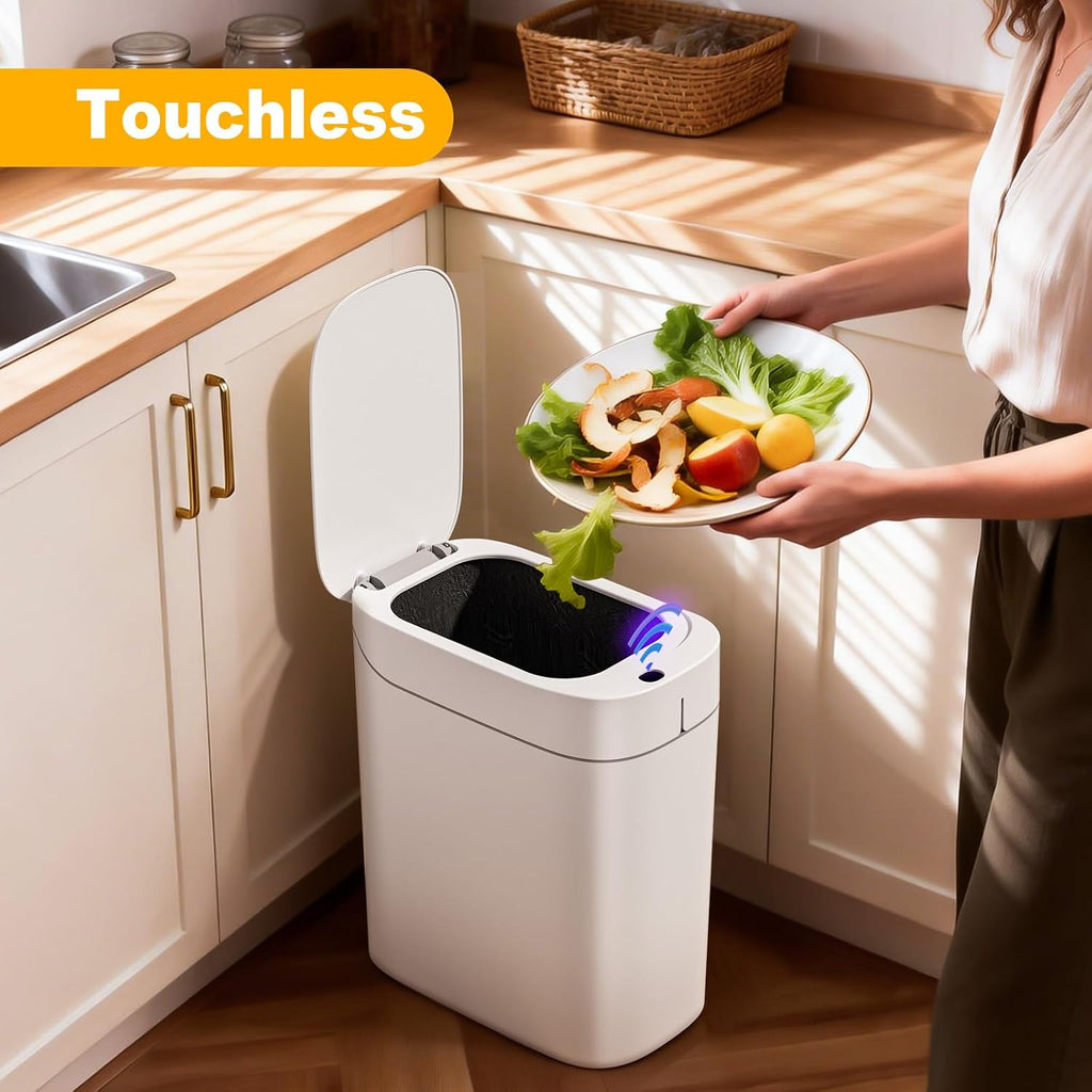 Bathroom Trash Can, Automatic Bagging Garbage Can, 3.5 Gallon Slim Smart Small Plastic Trash Bin, Narrow Motion Sensor Trash Can For Bedroom, Office White
