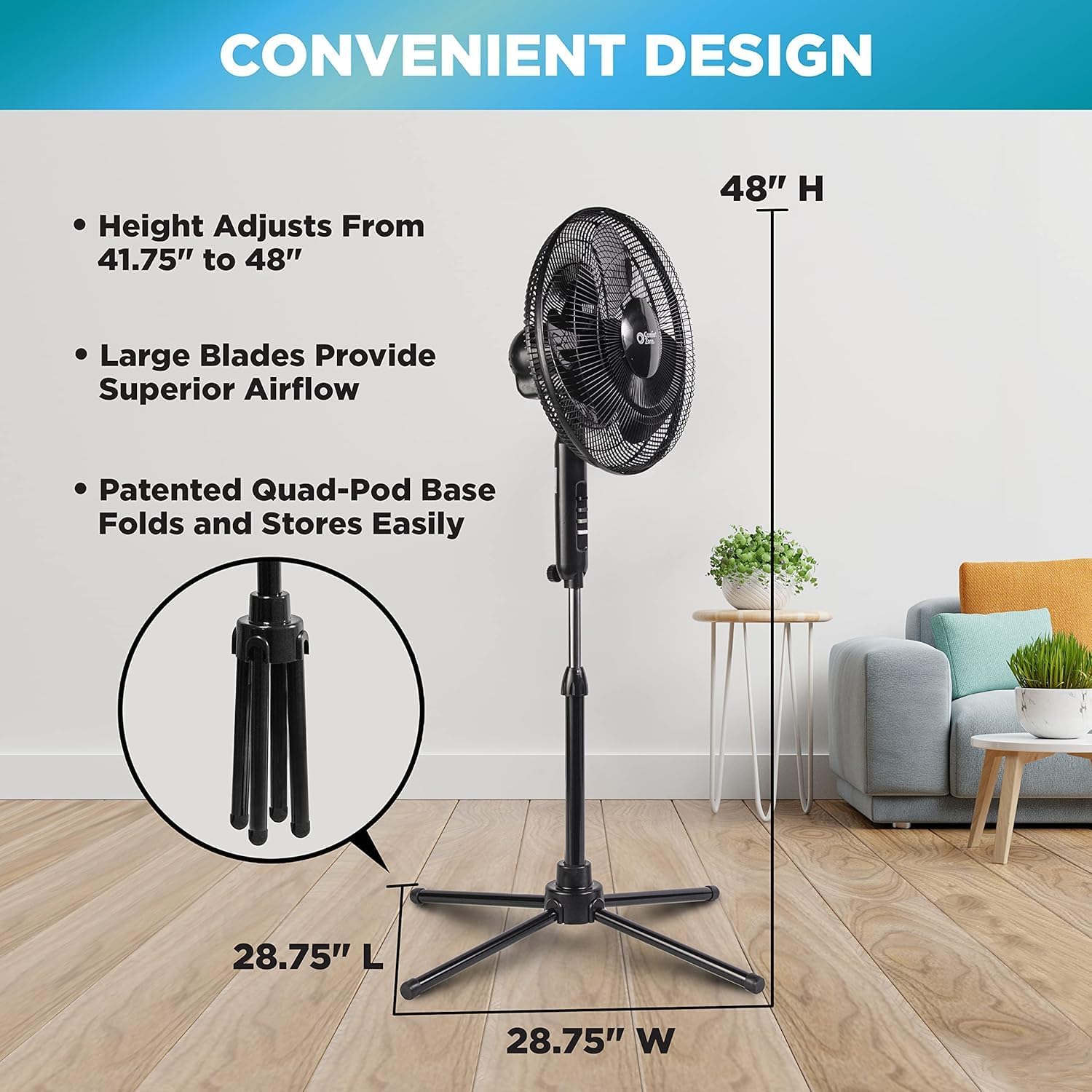 Comfort Zone Electric Oscillating Pedestal Fan, Stand Fan, 16 Inch, 3 Speed, 90 Degree Oscillating Head, Adjustable Height And Tilt, Airflow 7.48 Ft/Sec, Ideal For Home, Bedroom & Office, Czst161Btebk