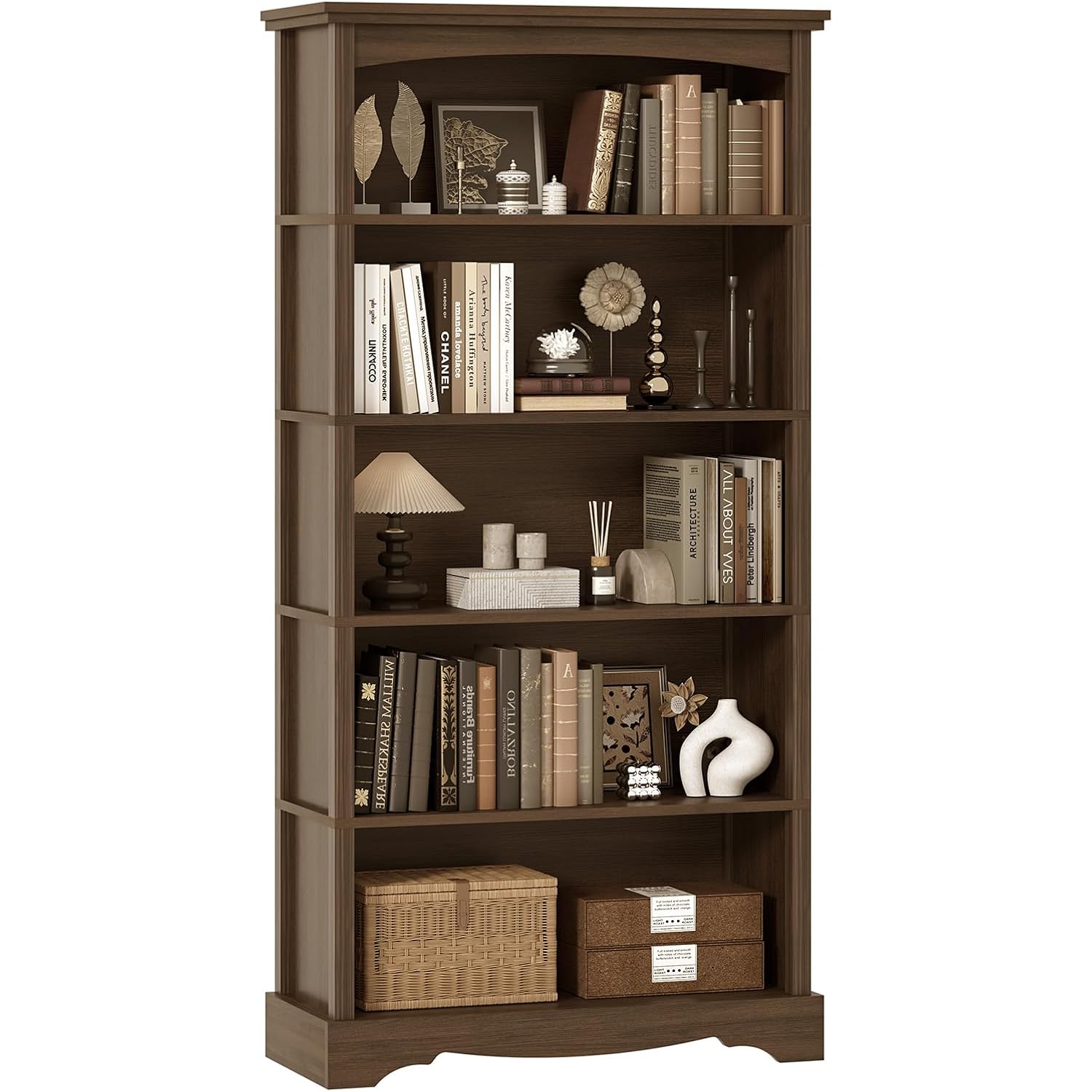 Tvu 5-Tier Wooden Bookshelf, 31.5" W X 65" H ×9.9" D Bookshelf With Storage, Floor Standing Modern Style Display Bookcase For Living Room, Office, Study Room, Entryway, Brown