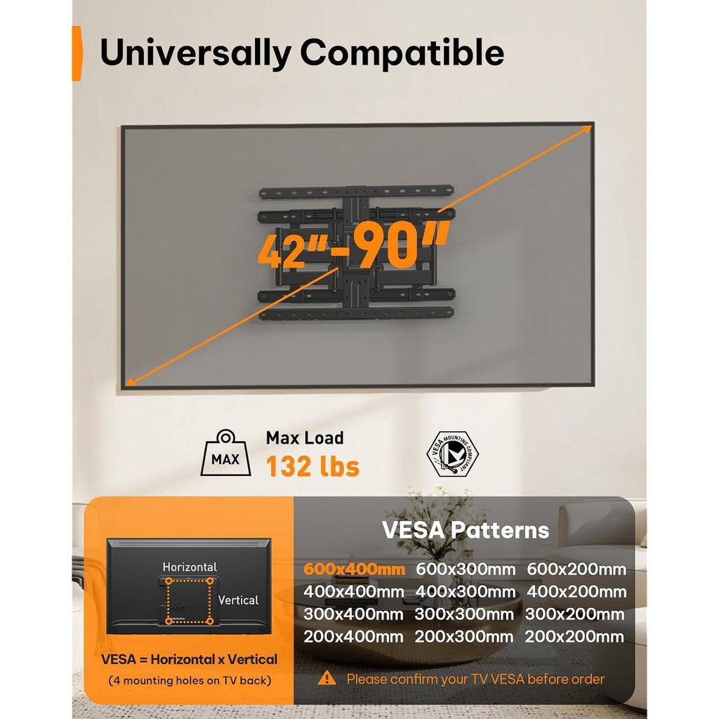 Perlegear Ultra Slim Tv Wall Mount 1.1" Low Profile For 42-90" Tvs, Fits 16"/24" Studs, Full Motion Tv Mount Wall Bracket With Dual Articulating Arms, Swivel, Tilt, Max Vesa 600X400Mm, Holds 132Lbs