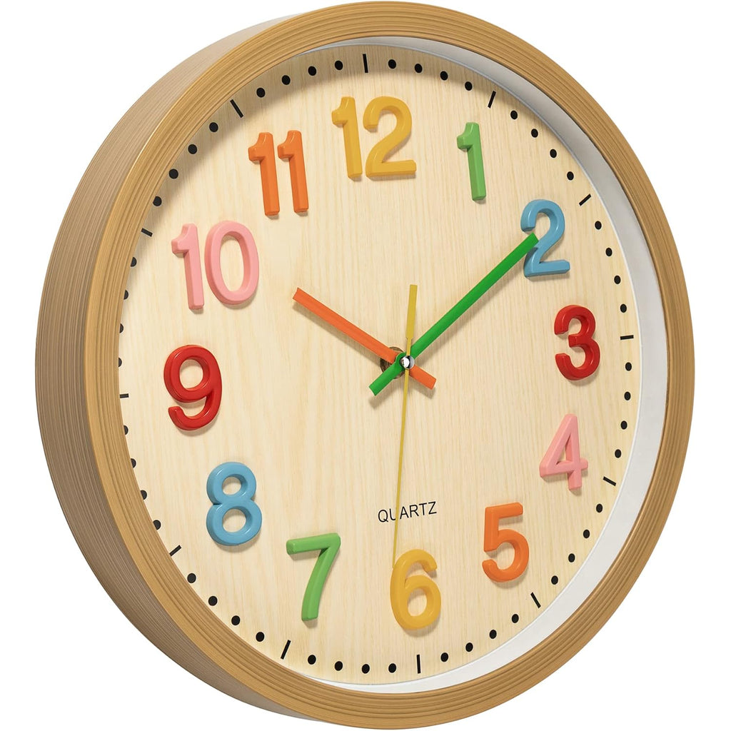 Foxtop Silent Kids Wall Clock Non-Ticking Battery Operated Colorful Childrens Clock For Classroom Playroom Nursery Bedrooms Kids Room (3D Numbers, 12 Inch)