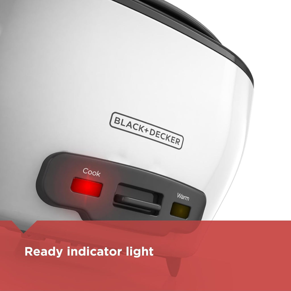 Black+Decker Rice Cooker 6-Cup (Cooked) With Steaming Basket, Removable Non-Stick Bowl, White
