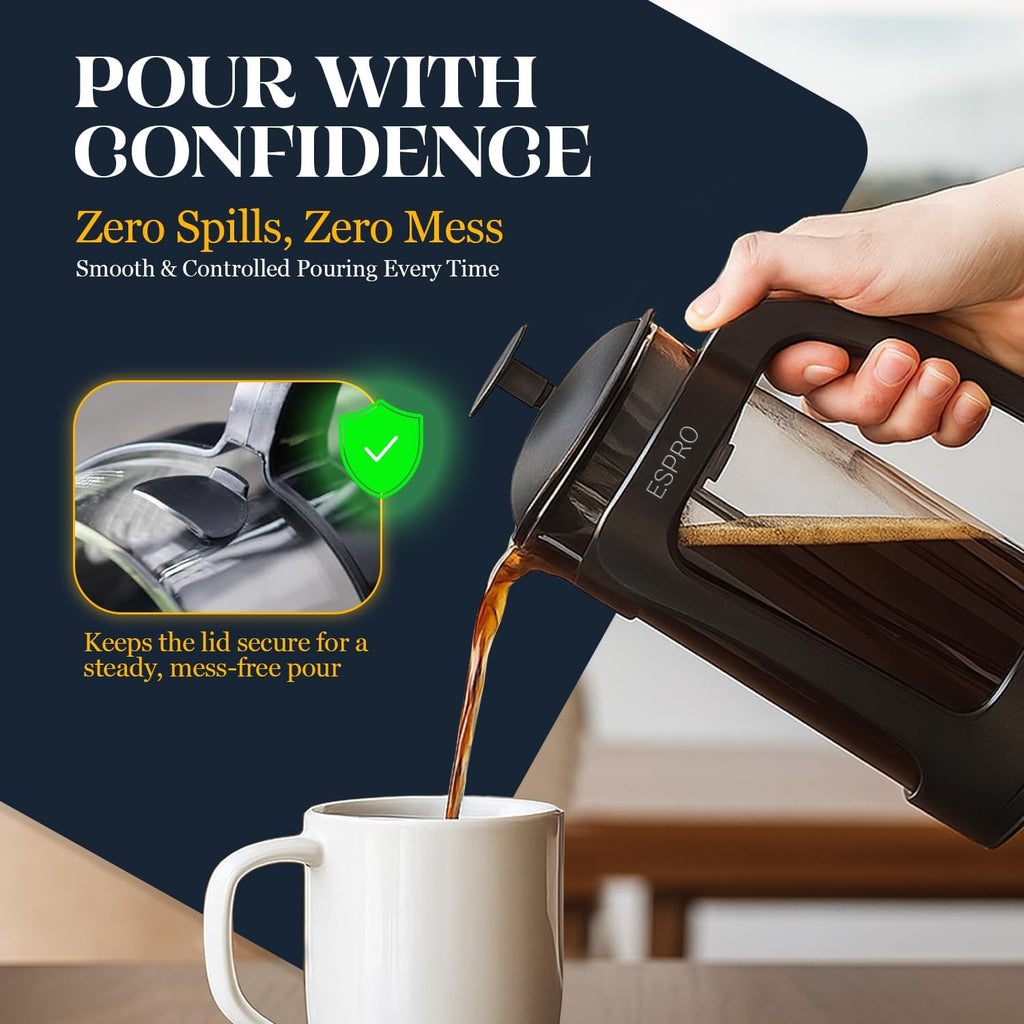 Espro Light P3 French Press Coffee Maker – Patented Double Micro-Filter For Grit-Free Brew, Heat Resistant Thicker Borosilicate Glass Coffee Press – (Black, 32 Oz)