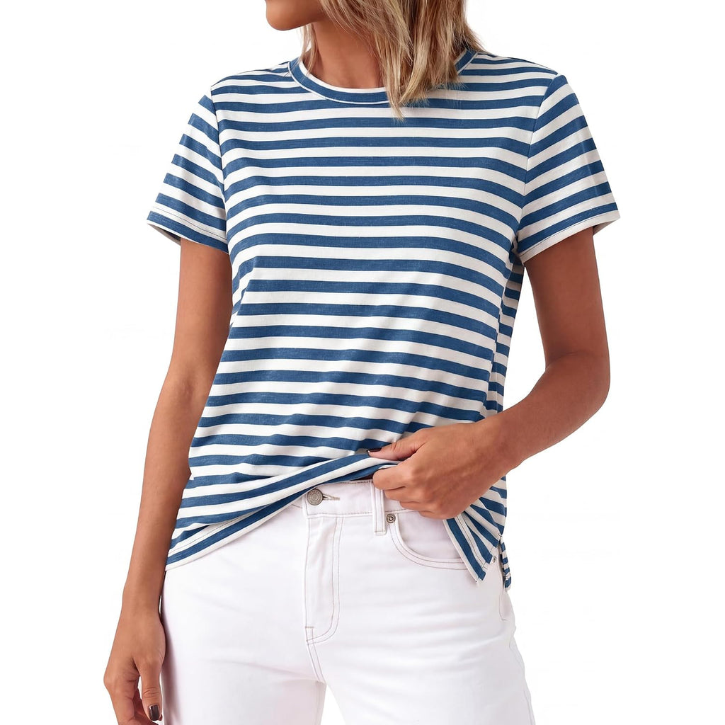 Btfbm Tops For Women Trendy Summer 2026 Crew Neck Short Sleeve T Shirts Striped Casual Vacation Blouse Basic Tee