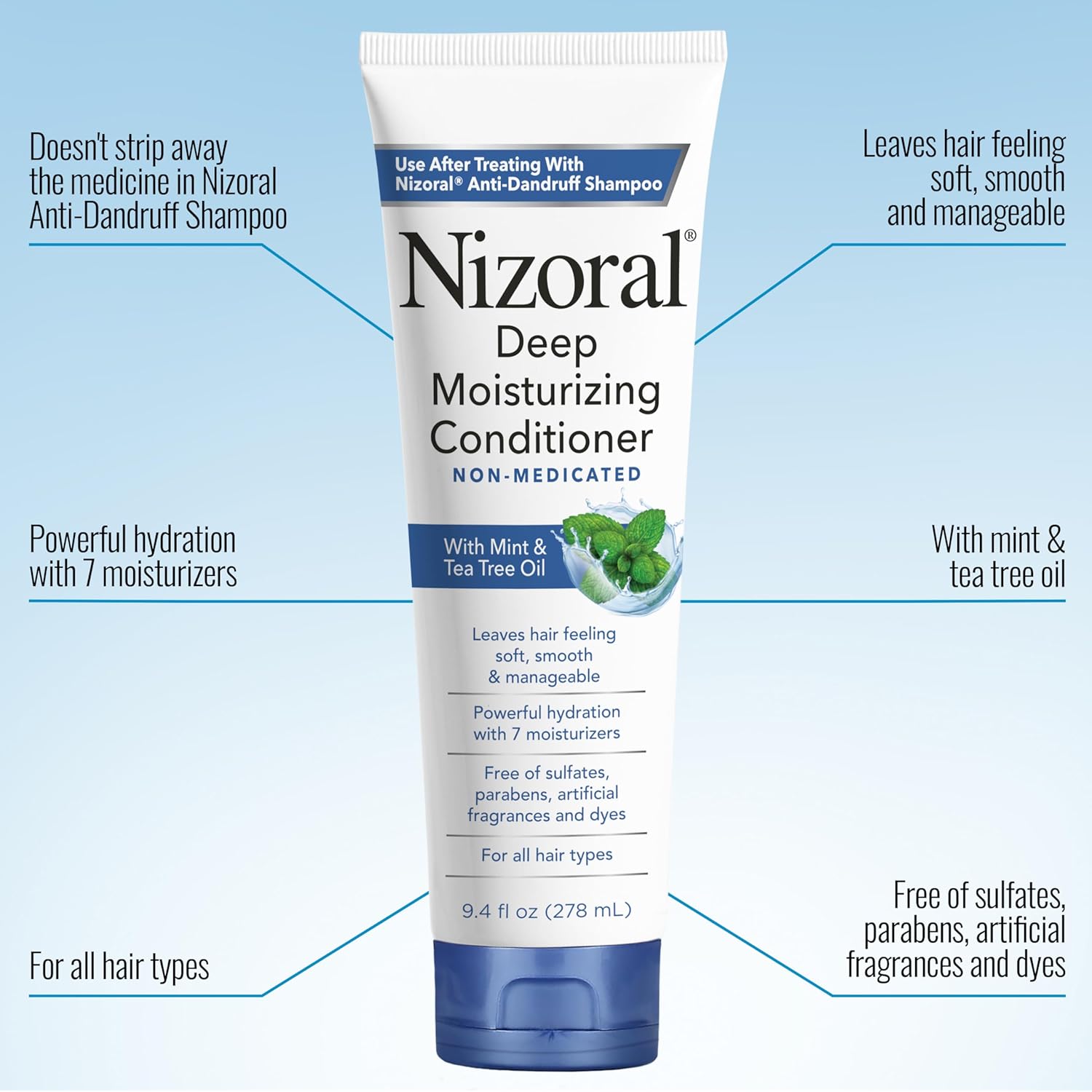 Nizoral Deep Moisturizing Conditioner, 9.4 oz, Anti-Dandruff Conditioner with Mint & Tea Tree Oil, Sulfate and Paraben Free, No Artificial Fragrance, For All Hair Types