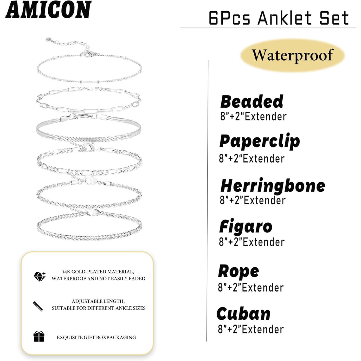 6 PCS Gold Ankle Bracelets for Women, 14k Plated Gold Layered Anklet Set Waterproof Herringbone Paperclip Beaded Figaro Cuban Link Chain Beach Stackable Anklet Bracelet Jewelry Gift for Women