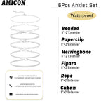 6 PCS Gold Ankle Bracelets for Women, 14k Plated Gold Layered Anklet Set Waterproof Herringbone Paperclip Beaded Figaro Cuban Link Chain Beach Stackable Anklet Bracelet Jewelry Gift for Women