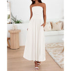 Btfbm Summer Maxi Dresses For Women 2026 Strapless Ruched Tube Top Beach Vacation Spring Wedding Guest Dress Pockets