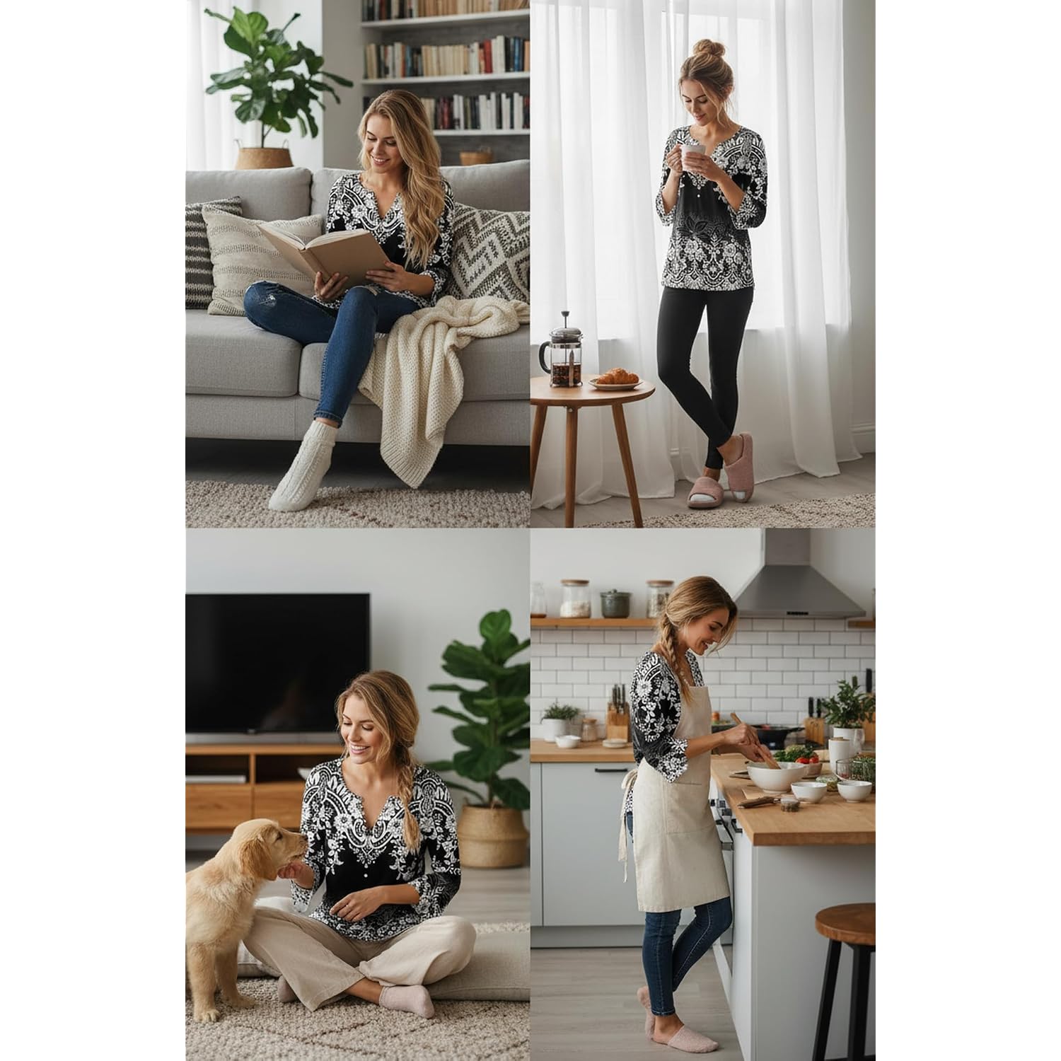 Womens Tops Dressy Casual Pleated Button Neck Summer Blouses 3/4 Flared Sleeve Fall Shirts