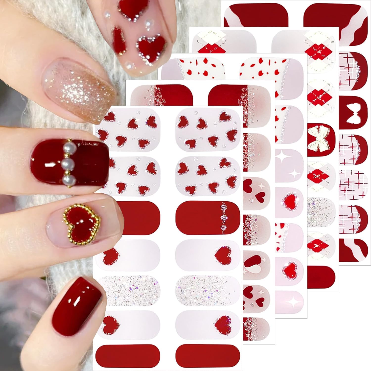 5 Sheets Valentines Day Nail Gel Stickers Cute Bow Heart Nail Polish Strips French Glitter Designs Cute Full Warps Gel Nail Strips Red Nails Polish Stickers for Women Holiday Manicure Decorations