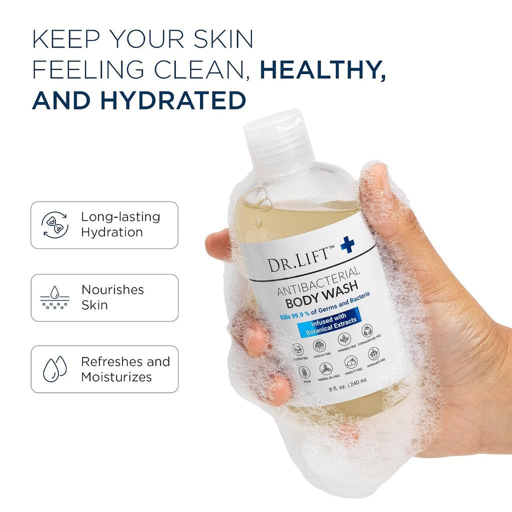 Dr. Lift Antibacterial Body Wash, Refreshing Scent, Hydrating Shower Or Bath Cleanser With Citric Acid, Spirulina, And Lemon, Clean Moisturizing Formula, Vegan, Paraben And Phthalate Free, 8 Fl Oz