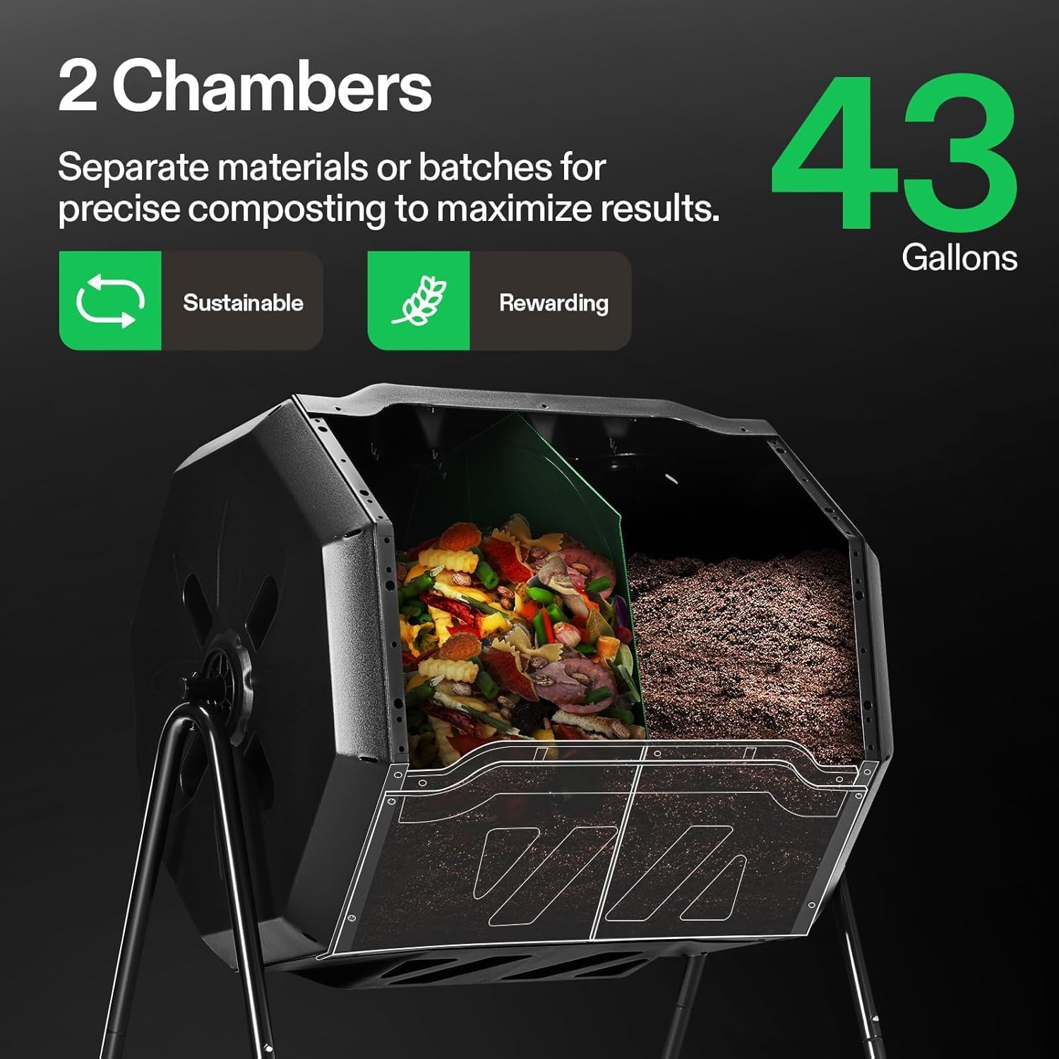Vivosun Outdoor Tumbling Composter Dual Rotating Batch Compost Bin, 43 Gallon Black Door