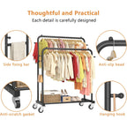 Laiensia Double Rods Garment Rack With Wheels, Clothing Rack For Hanging Clothes,4 Hooks, Multi-Functional Bedroom Clothes Rack, Black