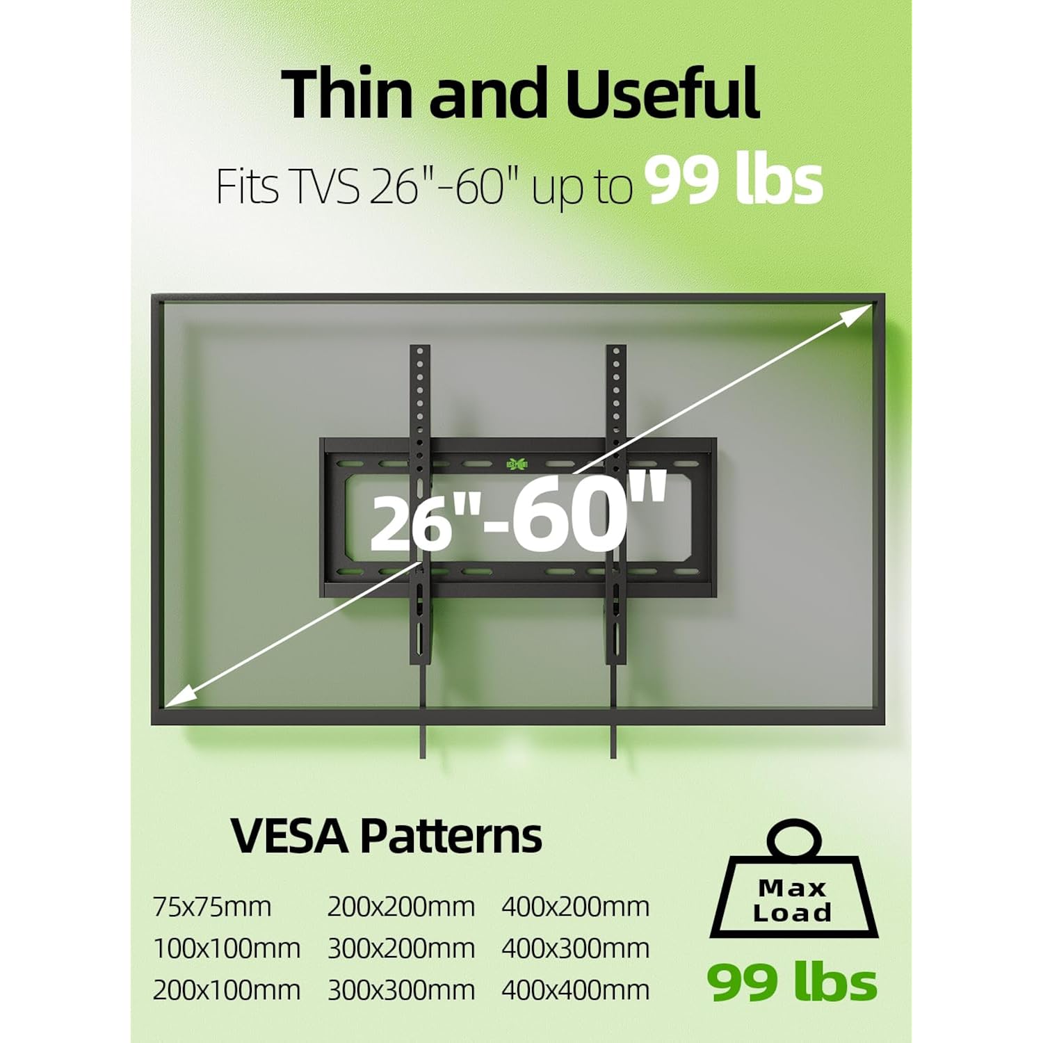 Usx Mount Ul Listed Tv Mount Low Profile For Most 26-60" Flat Screen Led, Lcd, Curved Tvs, Tv Wall Mount Bracket Tilt Vesa 400X400Mm- Up To 99Lbs, Quick Lock And Release To Mounts On 12" 16" Stud