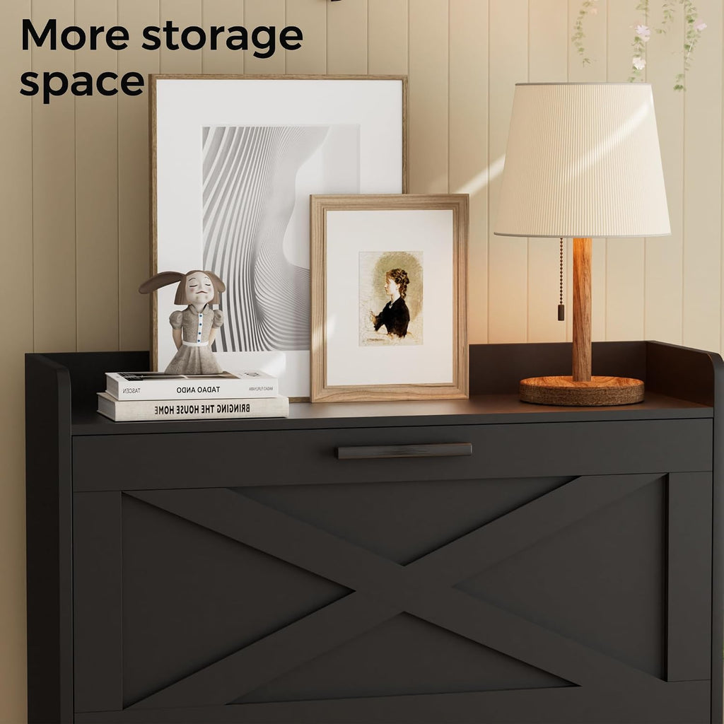 Farmhouse Shoe Storage Cabinet With Flip Drawers & Barn Door Design | Slim Narrow Shoe Rack Cabinet With Adjustable Shelves & Hidden Storage For Entryway, Foyer, Hallway, Living Room, Black