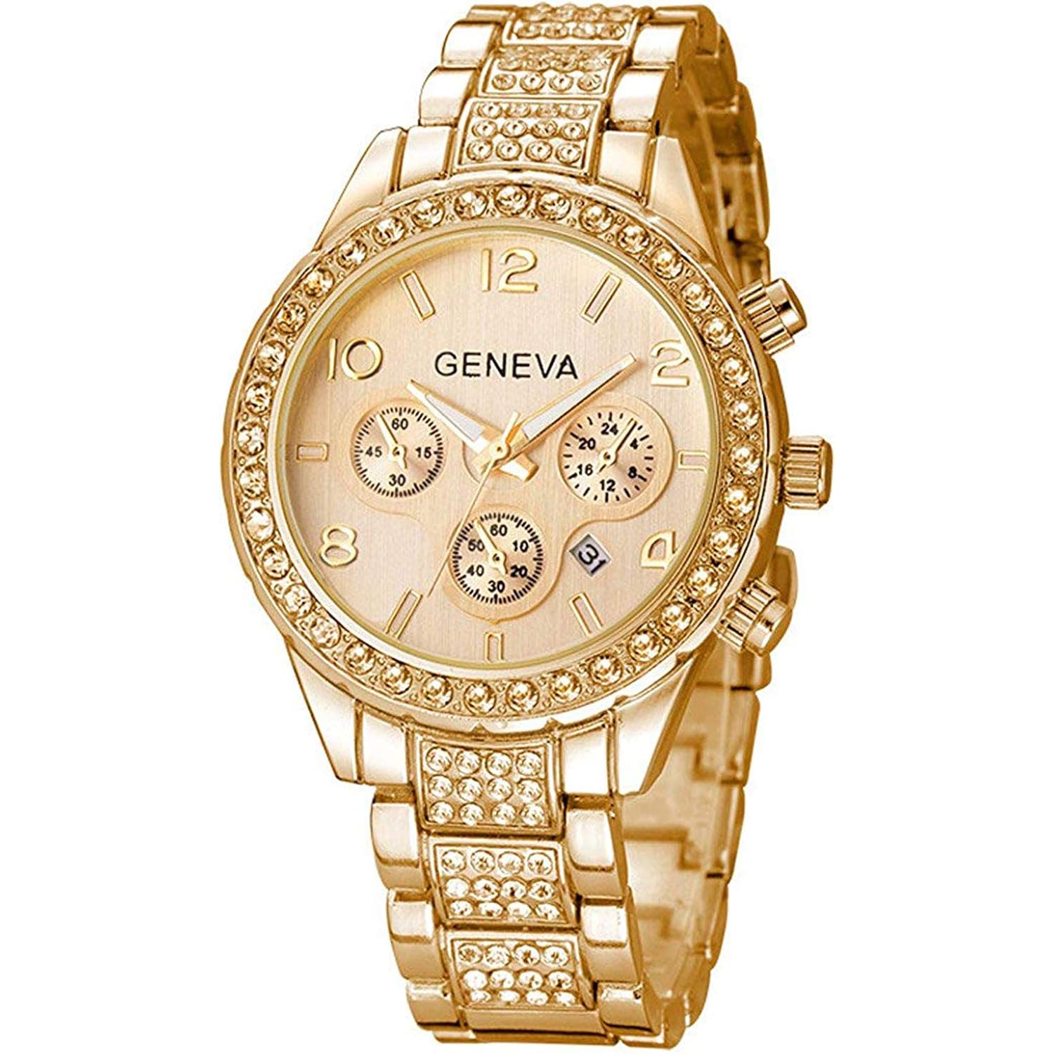 Gosasa Luxury Unisex Crystal Diamond Watches Quartz Digital Calendar Rose Gold Silver Stainless Steel Watch