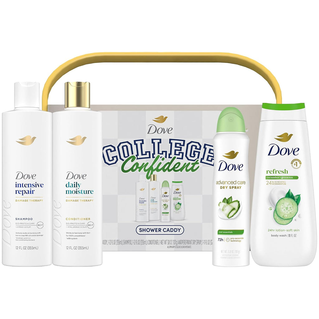 Dove Shower Caddy College Confident Gift Set – Cucumber & Green Tea Body Wash, Intensive Repair Shampoo, Daily Moisture Conditioner, Cool Essentials Deodorant For Women (5 Piece Set)