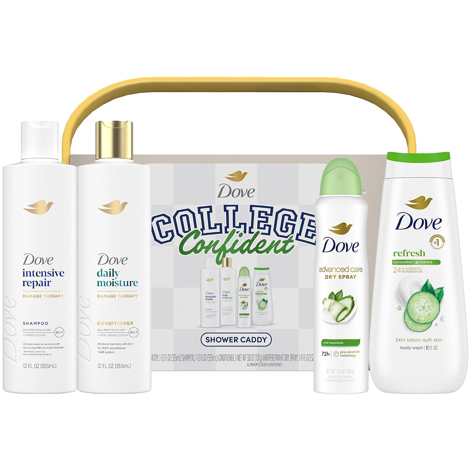 Dove Shower Caddy College Confident Gift Set – Cucumber & Green Tea Body Wash, Intensive Repair Shampoo, Daily Moisture Conditioner, Cool Essentials Deodorant For Women (5 Piece Set)