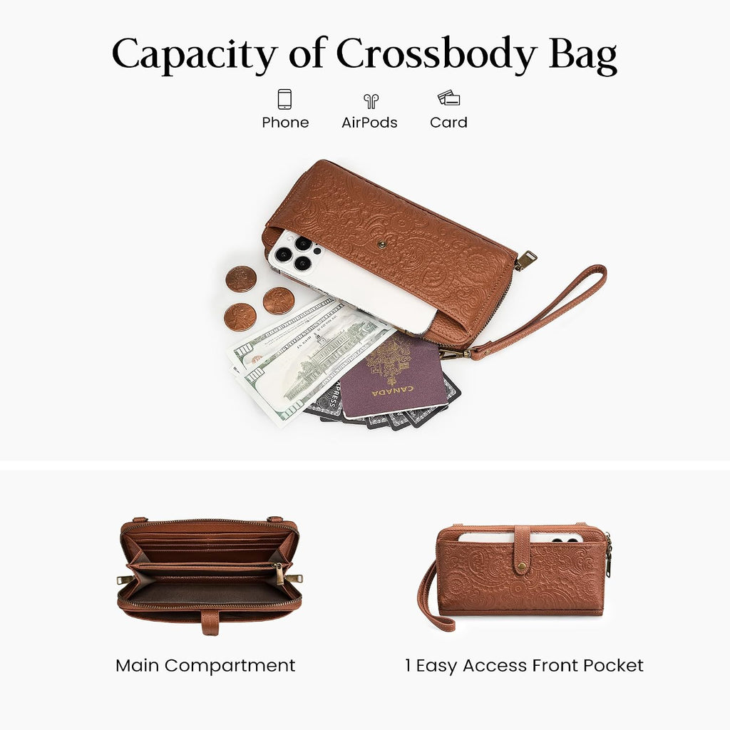 Befen Leather Wristlet Wallet For Women Cell Phone Purse With Built In Wallet Vintage Leather Crossdody Bag Clutch Purse