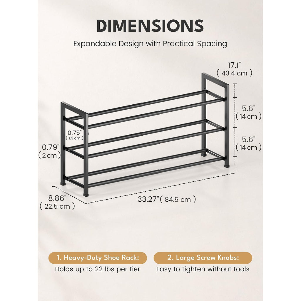 3-Tier Expandable Shoe Rack For Closet, 18“-33” Adjustable Shoe Rack For Small Space, Small Shoe Organizer For Front Door, Sturdy Metal, Black