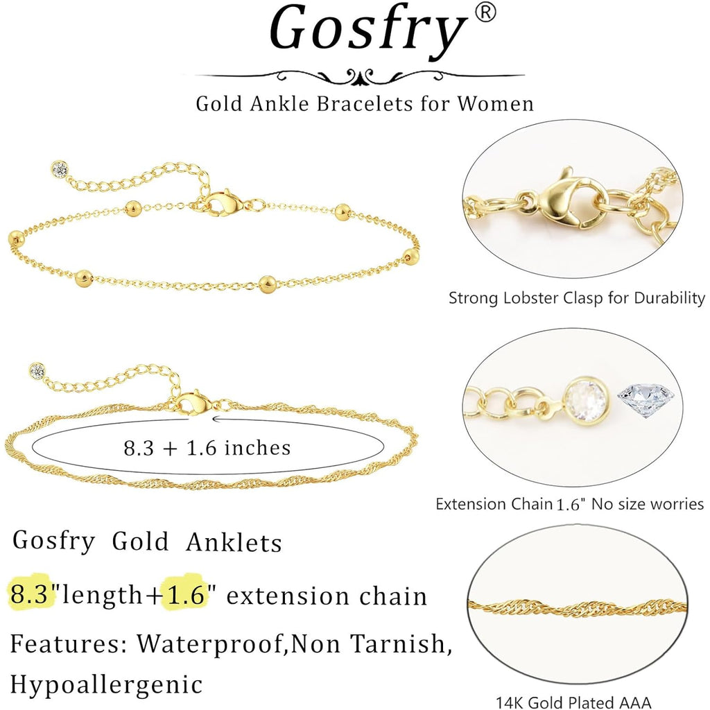 2/3 PCS Gold Anklets for Women Waterproof Cuban Link Anklet Beaded Bracelets Stackable Bracelets 14K Gold Plated Custom Jewelry Gifts Non Tarnish Lightweight