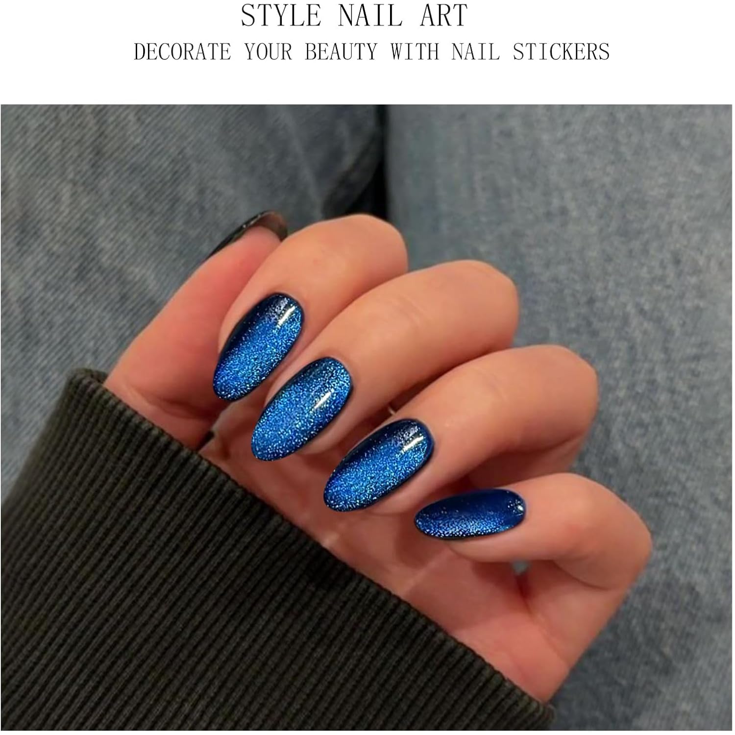 JMEOWIO Gel Nail Stickers Dark Blue Cat Eye Semi Cured Gel Nail Strips Wraps UV/LED Nails Art Design Decoration Accessories