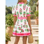 Wenrine Womens Summer Floral Mini Dress Puff Short Sleeve V Neck Button Down Casual Loose Boho Beach Dresses With Belt