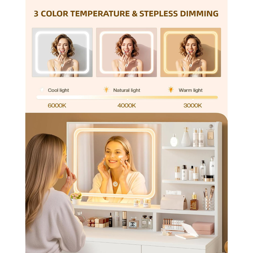 Livelyglow White Makeup Vanity Desk With Charging Station & 4 Drawers | Smart Led Mirror, Cushioned-Stool, Hairdryer-Rack