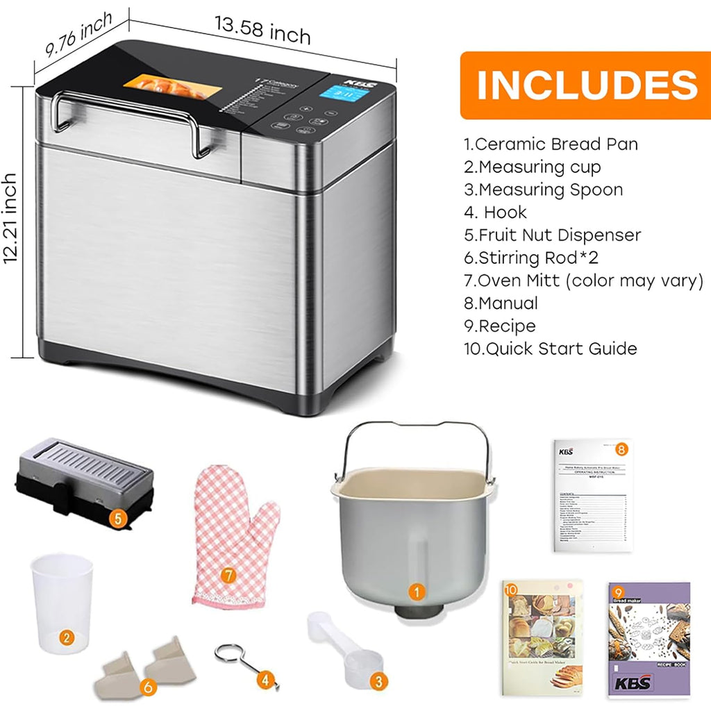 KBS Pro 710W 2LB Bread Maker, Stainless Steel 17-in-1 Smart Bread Machine with Healthy Ceramic Pan, Automatic Nut Dispenser, Tempered Glass Touch Panel, 3 Crust Colors, 15H Timer& Keep-Warm, Recipes