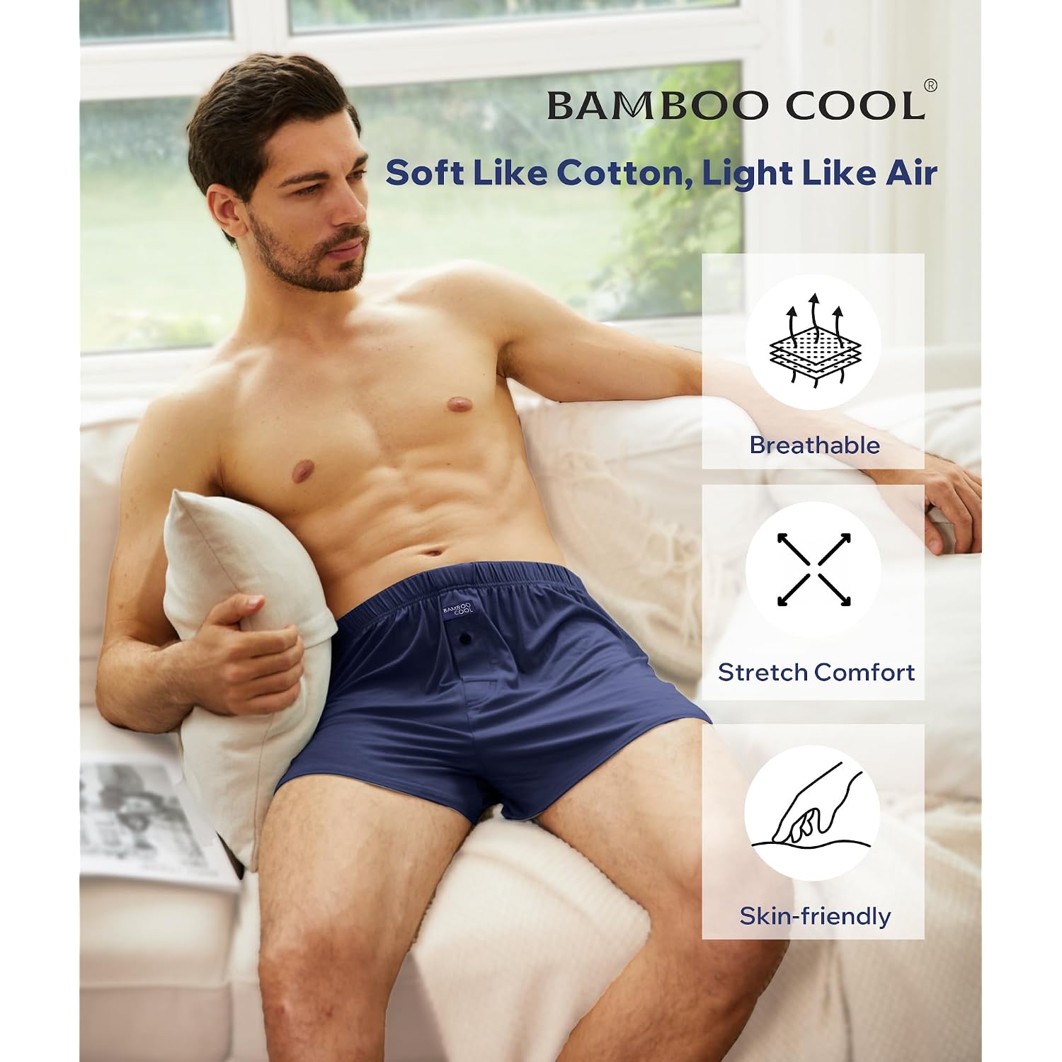 Bamboo Cool Men'S Boxer Short Soft And Breathable Knit Boxers For Men Moisture-Wicking Underwear With Button Fly