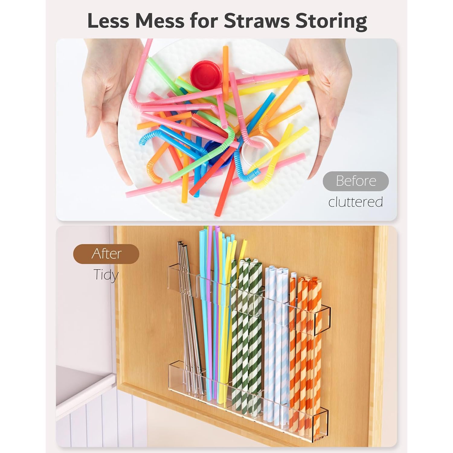 Upgraded 9.5'' Large Acrylic Straw Holder For Cabinet Door, Adjustable Space-Saving Straw Organizer Storage Dispenser For Cabinet With Ultra Sticky Adhesive Strips, 2-Part Rack, Drainage Holes