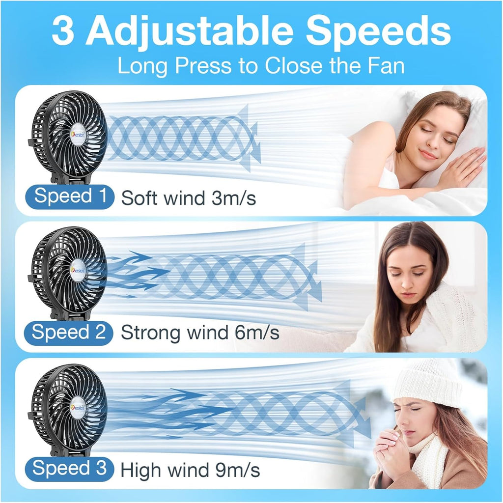 Versiontech. Portable Handheld Fan, Powerful+Durable+180° Foldable, Mini Hand Fans With Usb Rechargeable Battery Operated Cooling Accessories For Personal Use, Travel, Office Black