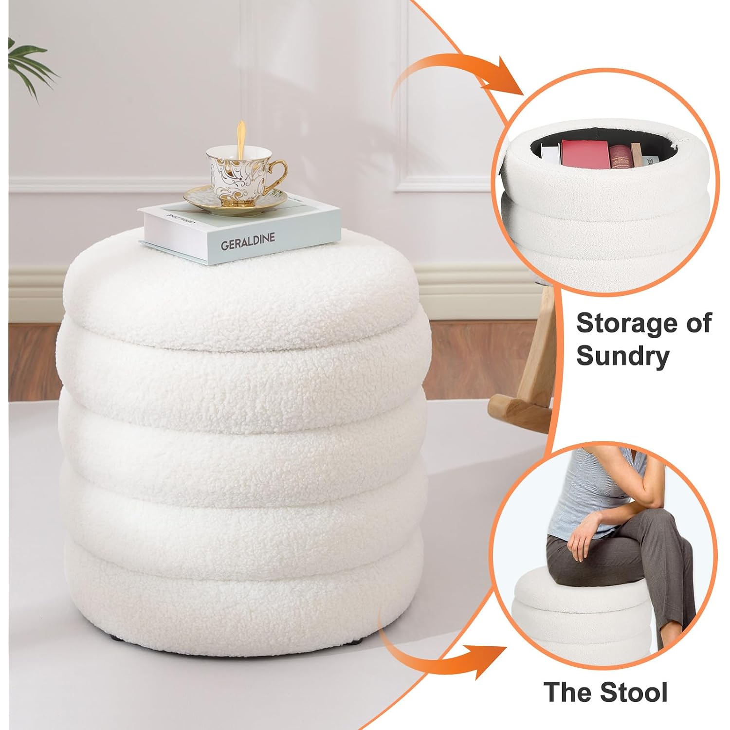 Teddy Sherpa Round Ottoman With Storage, Modern Upholstered Vanity Stool Foot Rest, Small White Boucle Storage Ottoman For Bedroom, Living Room, Entryway, Dorm