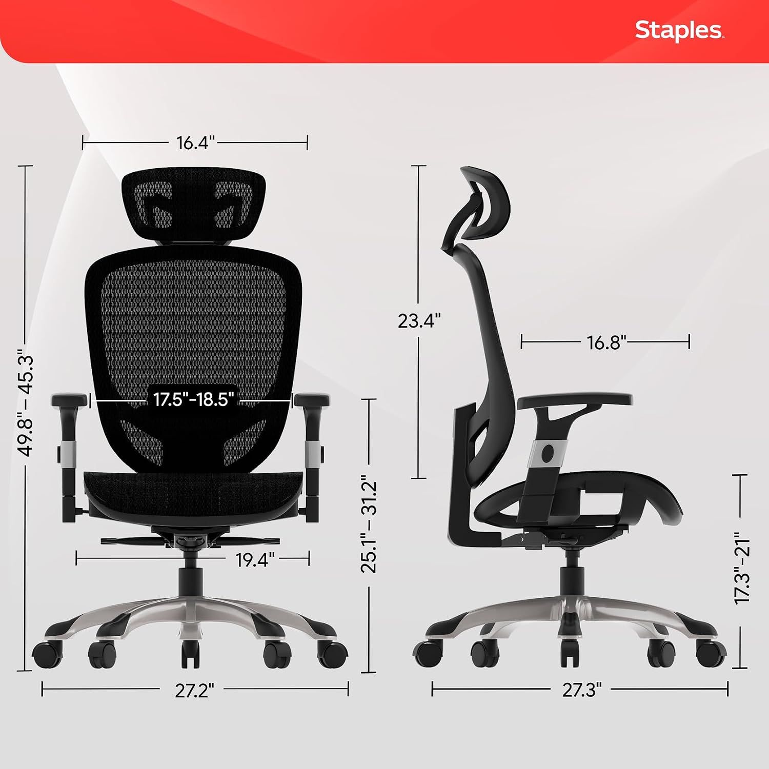 Staples Hyken Ergonomic Task Chair, Mesh, Ergonomic, Lumbar Support, Swivel, Black