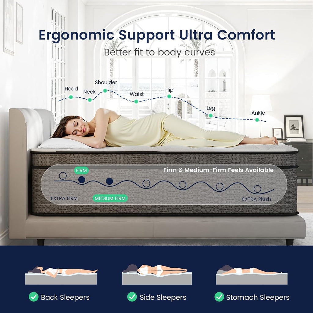 Ruoyson Full Mattress, 10 Inch Firm Hybrid Full Size Mattress In A Box, Strong Edge Support, Motion Isolation, With 7-Zones Pocket Springs, Fiberglass-Free, Pressure Relief, Certipur-Us