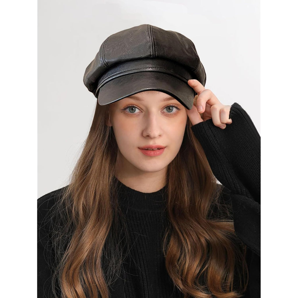 Women Fiddler Cap Newsboy Hat PU Leather Visor Beret Cap Black-b