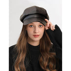 Women Fiddler Cap Newsboy Hat PU Leather Visor Beret Cap Black-b
