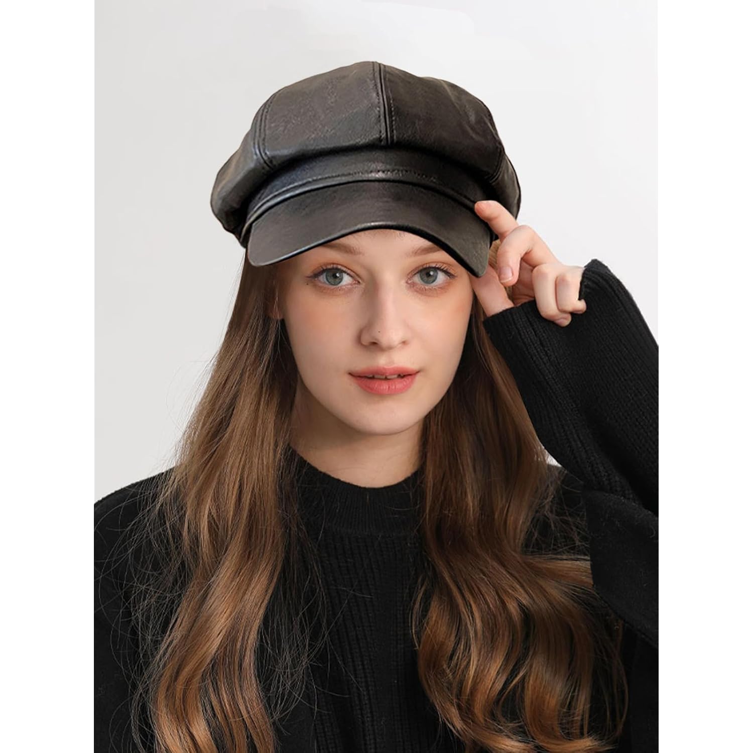 Women Fiddler Cap Newsboy Hat PU Leather Visor Beret Cap Black-b