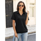 Womens Polo Shirts Short Sleeve Banded Bottom Tops Business Casual Tops Collared V Neck Dressy Blouses