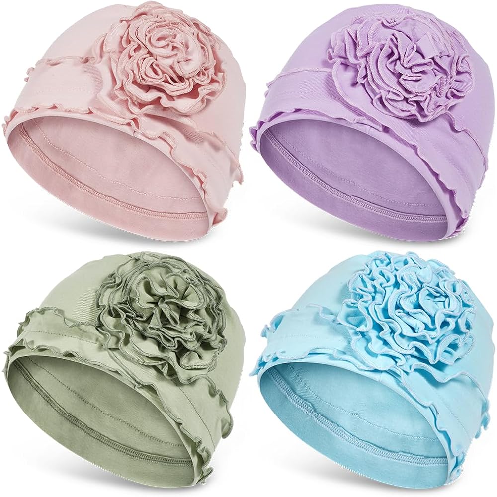 JarseHera 4PCS Cotton Chemo Headwear for Women Soft Cancer Caps Beanie for Hair Loss 4 Pcs,lt Pink+lt Purple+tiffany Blue+sage Green
