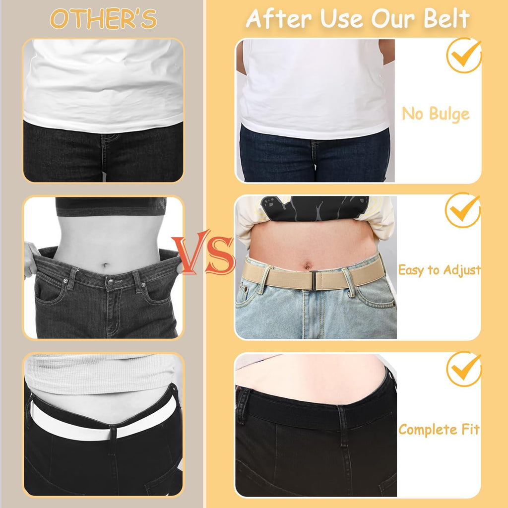 HAWOWZ 2Pcs No Show Stretch Belt for Women Invisible Elastic Tuck Band, Adjustable Strap Crop Belt with Flat Buckle for Jeans Pants Dresses