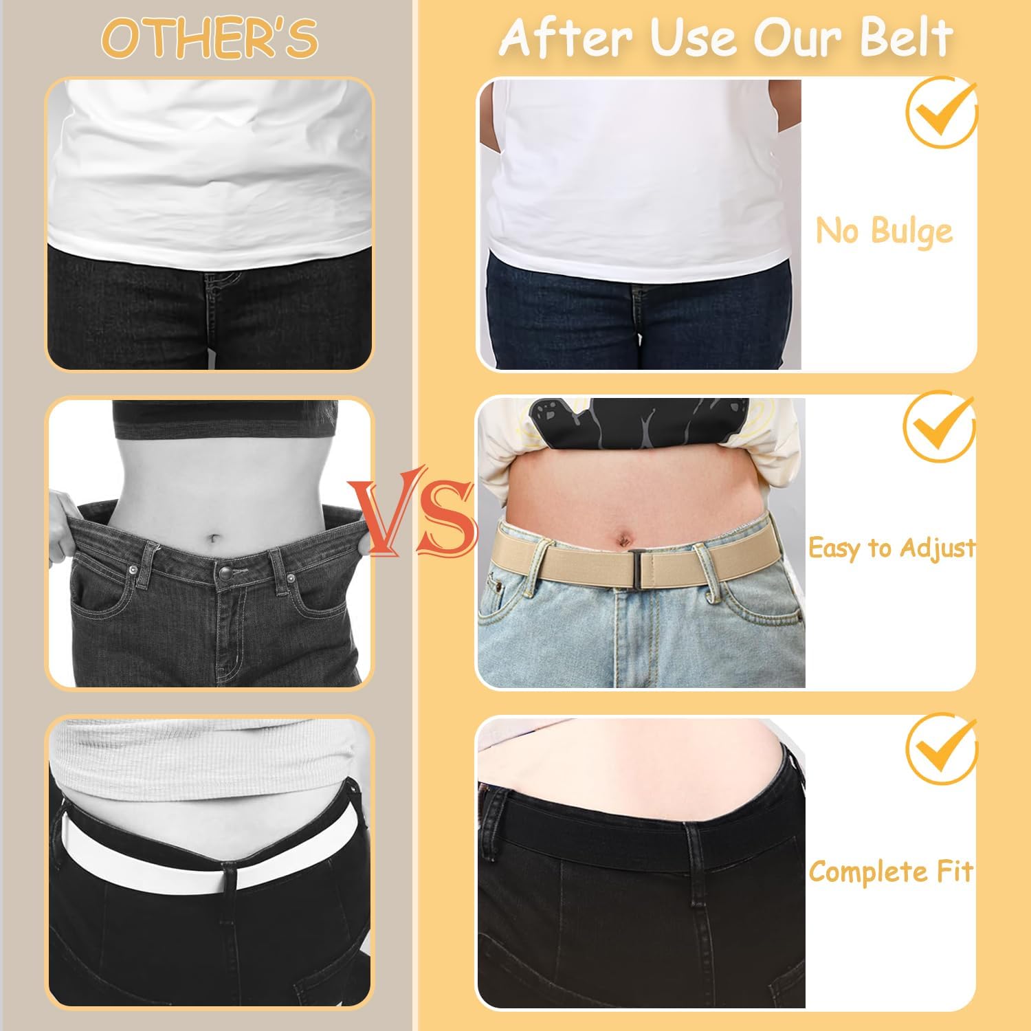 HAWOWZ 2Pcs No Show Stretch Belt for Women Invisible Elastic Tuck Band, Adjustable Strap Crop Belt with Flat Buckle for Jeans Pants Dresses