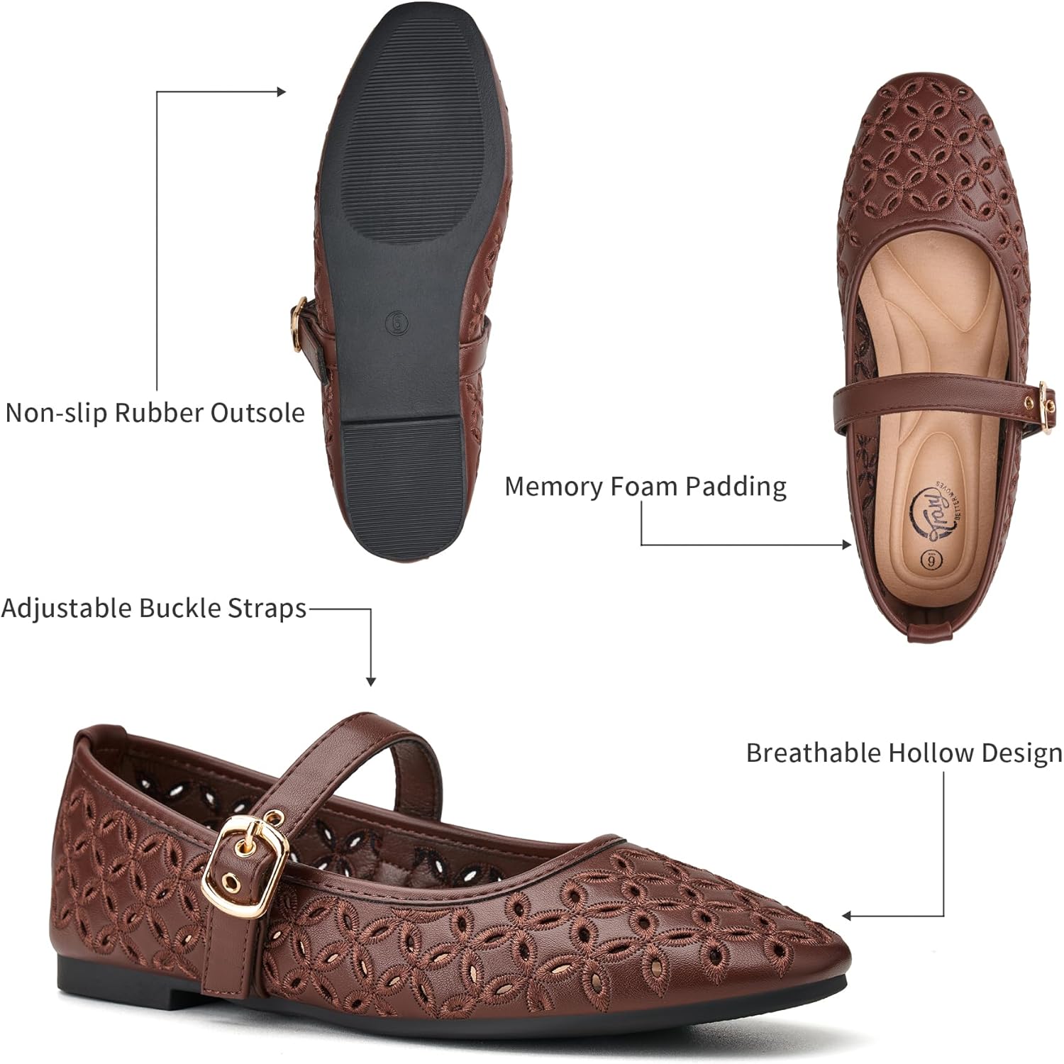 Trary Mary Jane Shoes Women, Hollow Flats for Women, Ballet Flats Shoes Round Toe Mary Jane Flats, Ankle Strap Spring Summer Shoes Dressy Comfortable